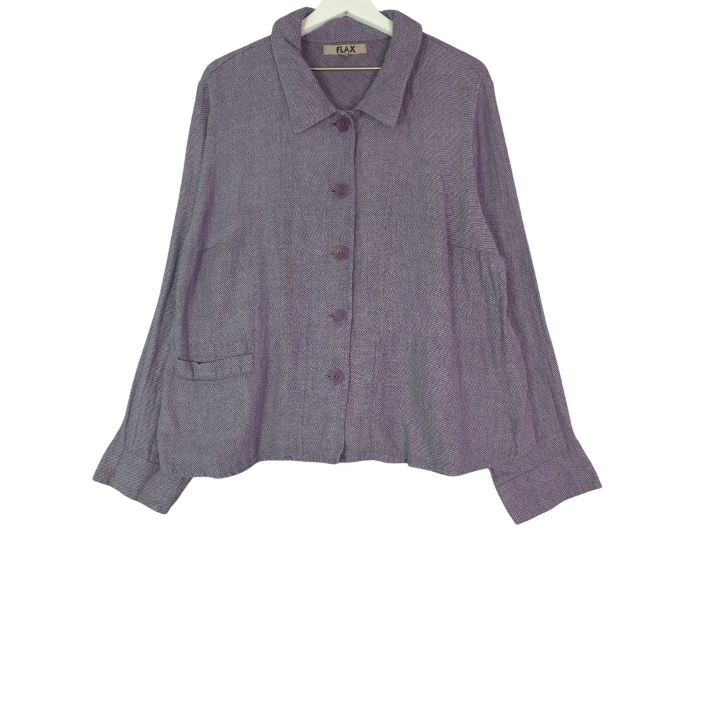 FLAX Button Down Jacket Women 1G Purple 100% Linen Textured Long Sleeve Coat